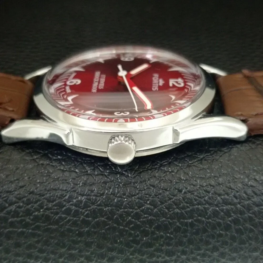 Vintage 1976 Fortis Manual Mens Silver Watch W/Leather Strap & Red accents